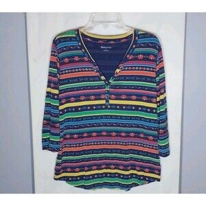 Relativity Henley Top Sz L Vibrant Rainbow Stripes Floral Tribal Aztec Boho Chic